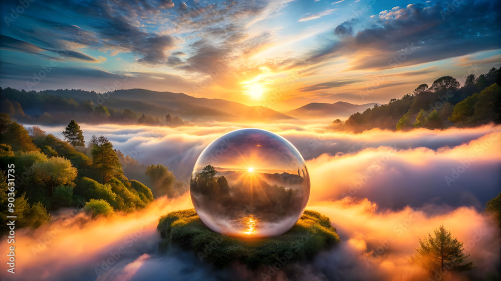 visualize a glowing sphere at the center of a mist visualize a glowing sphere at the center of a mist