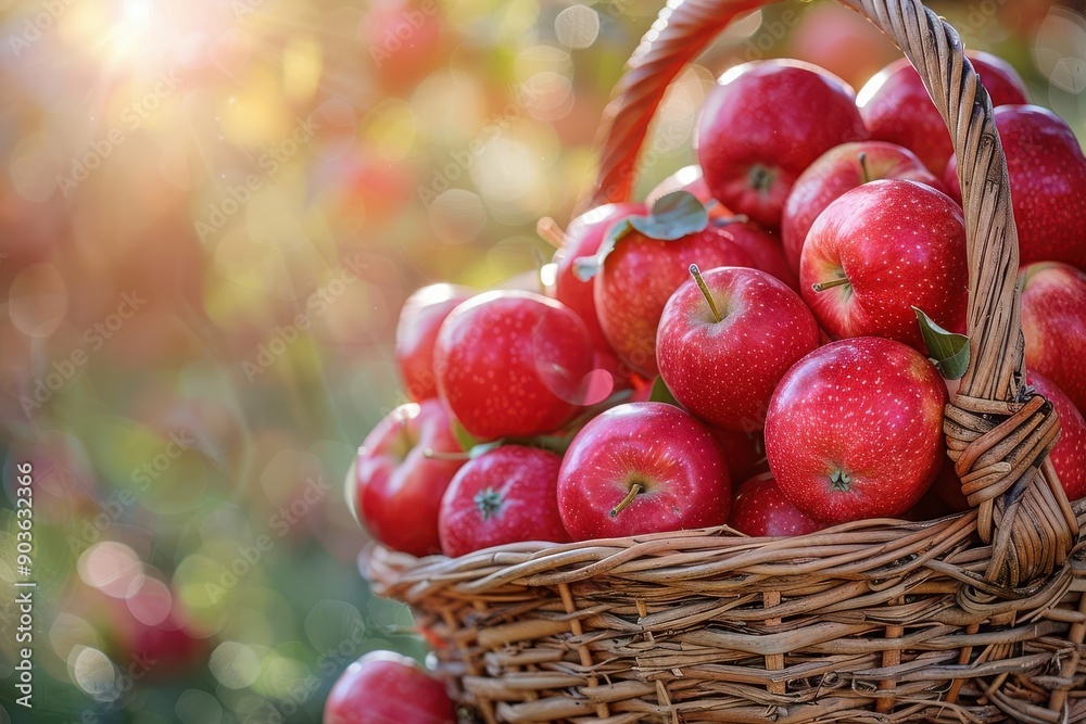 A wicker basket overflowing with ripe red apples, bathed in warm sunlight. A wicker basket overflowing with ripe red apples, bathed in warm sunlight.