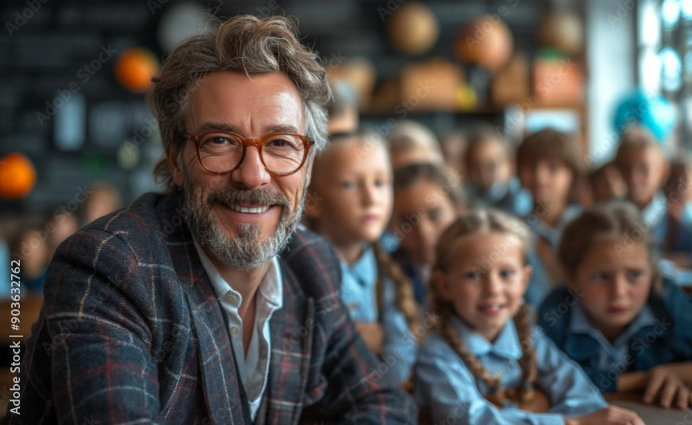 School teacher with children in the background, created with Generative AI technology. School teacher with children in the background, created with Generative AI technology.