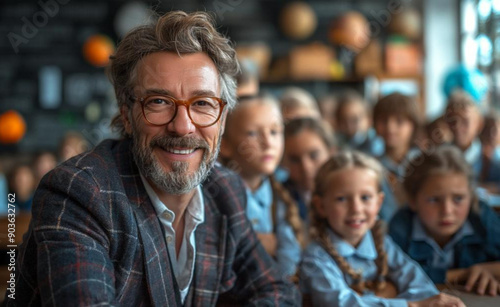 School teacher with children in the background, created with Generative AI technology.