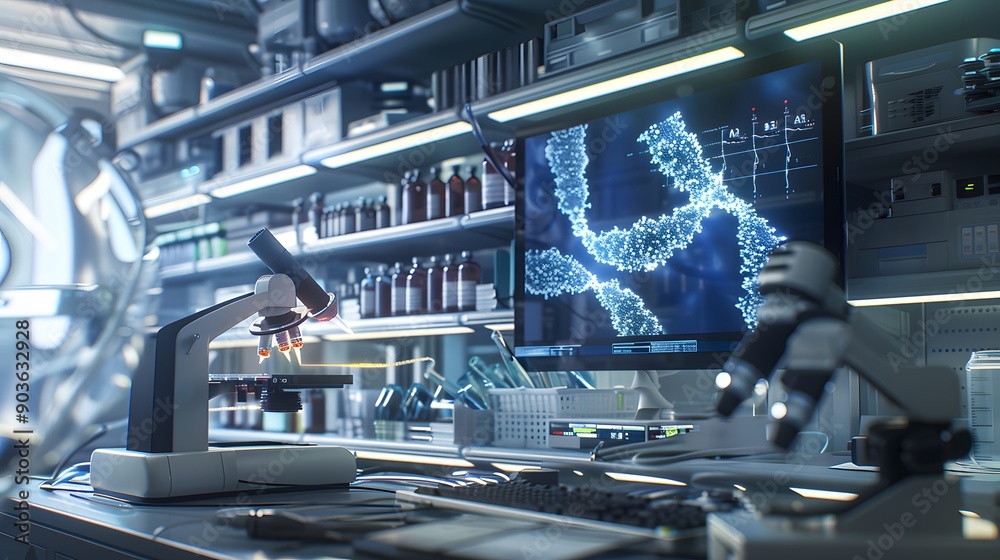 Realism of A high-energy scene of a medical research lab using CRISPR technology for genetic editing. Realism of A high-energy scene of a medical research lab using CRISPR technology for genetic editing.