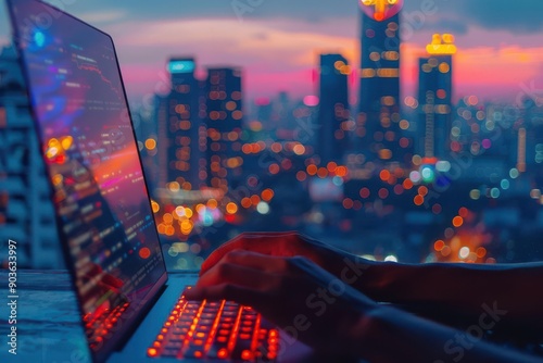 Close-up of a digital nomad's hands typing on a laptop with a city skyline in the background detailed textures and precision