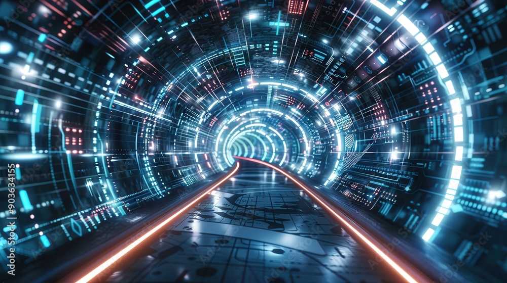 Futuristic tunnel illuminated by vibrant neon lights, featuring a dynamic, swirling design that suggests advanced technology and depth. Futuristic tunnel illuminated by vibrant neon lights, featuring a dynamic, swirling design that suggests advanced technology and depth.