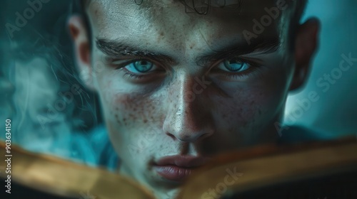 Close-up of a man meditating with a Bible in his lap detailed textures and precision