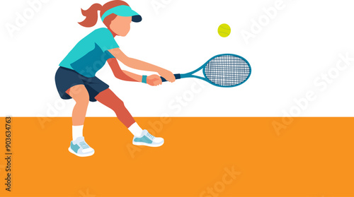 Cute active girl in blue clothing wearing visor and play in tennis. ACtive child doing sports. Vector illustration