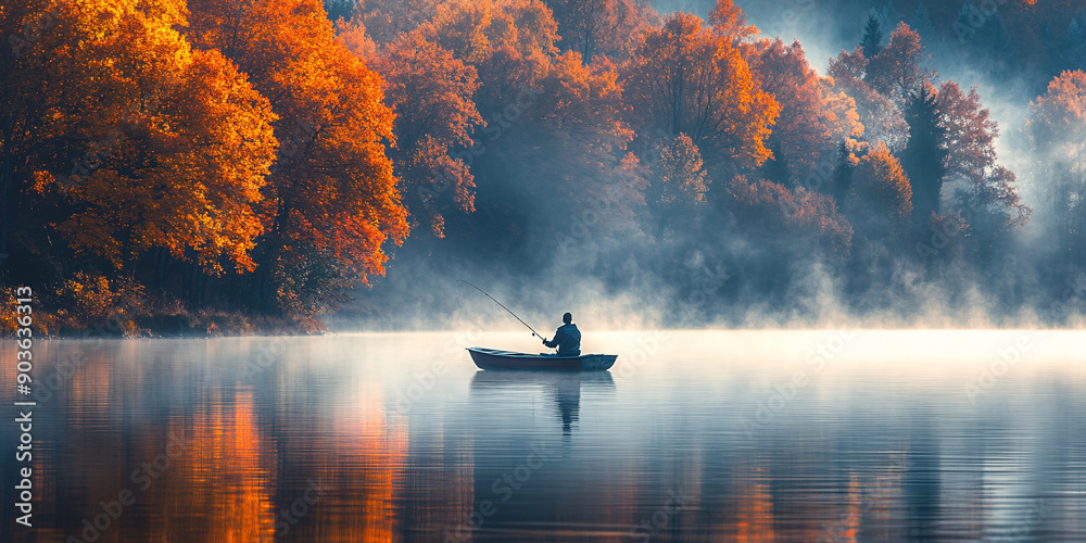 A lone fisherman calmly fishes on a tranquil, misty lake surrounded by autumn trees under a soft morning light.