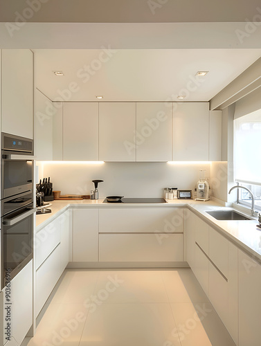 there is a kitchen with white cabinets and a stainless steel oven