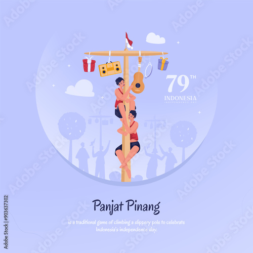 Illustration of Panjat pinang traditional games celebrate Indonesia independence day