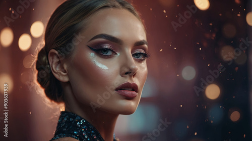 Elegant Model Showcases Stunning Makeup Palette in Professional Advertising Banner.