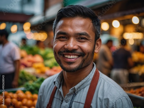 Confident ethnic cook smiling while standing at food market. photo