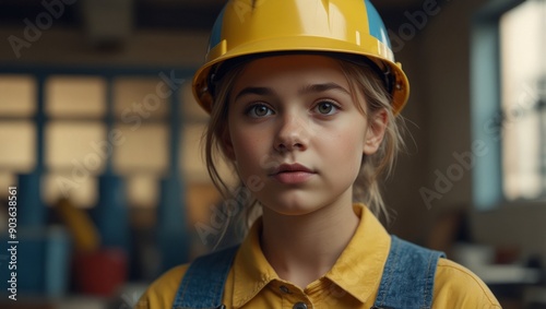 Confident young girl in yellow helmet and blue overalls, aspiring engineer, on pastel background. photo