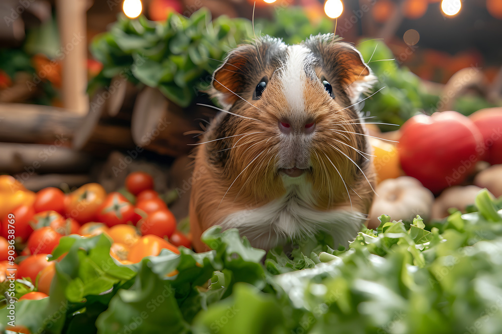 At a vibrant market, a delightful guinea pig is encircled by an array ...
