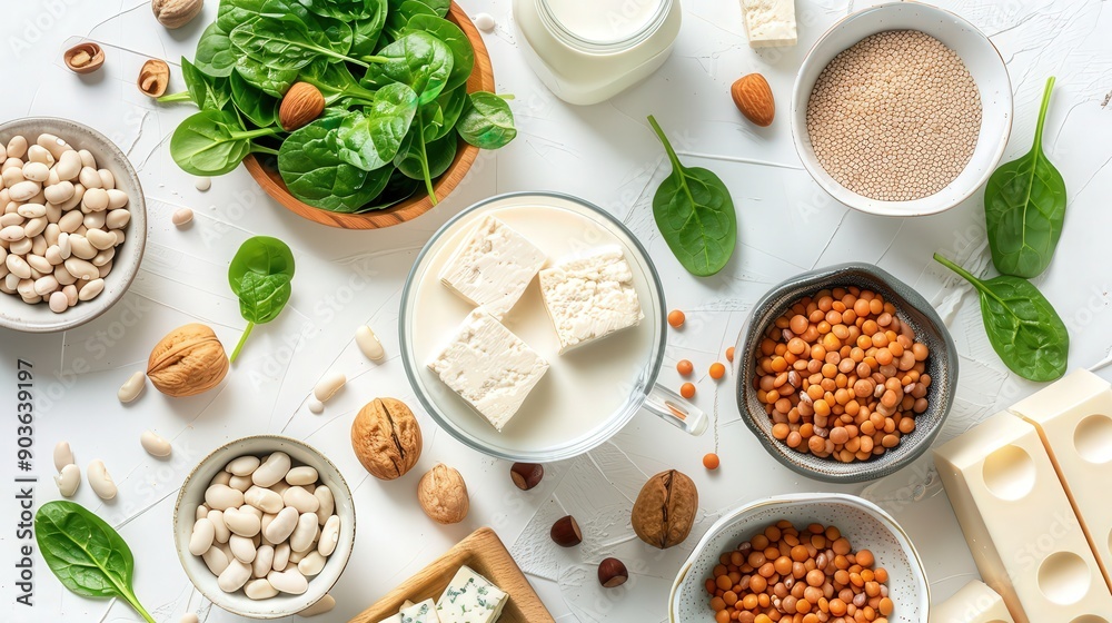 Healthy Vegan Diet with Protein Sources: Tofu, Vegan Milk, Beans, Lentils, Nuts, Soy Milk, Spinach, and Seeds on White Table, Top View 