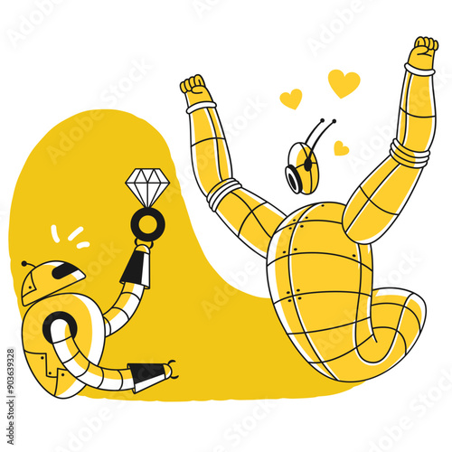 Robot proposing to another robot with diamond ring
