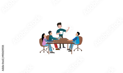 Business Discussion. Vector cartoon illustration in a flat style of a group of diverse people leading a discussion at a table near. Isolated on background