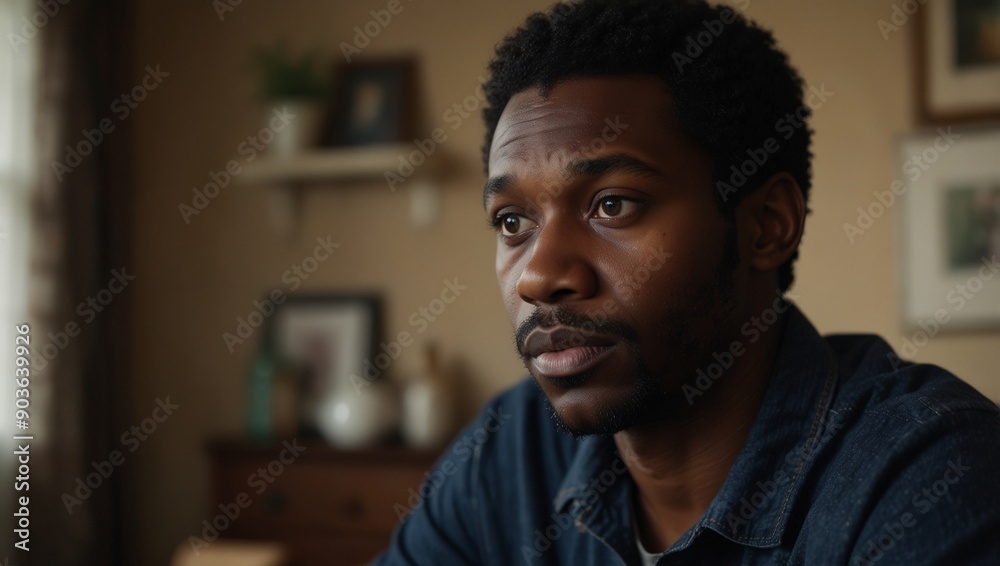 Depressed and anxious African American or black man sitting at home. Depressed and anxious African American or black man sitting at home.