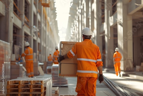 Construction Worker Carrying Boxes in an Industrial Building