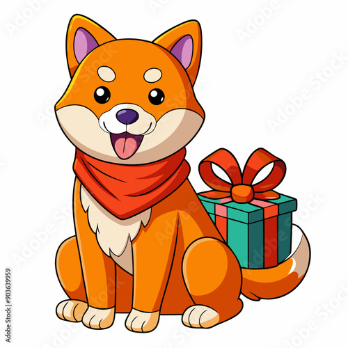 cute shiba inu bought a christmas present vector art illustration