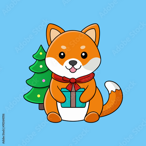 cute shiba inu bought a christmas present vector art illustration