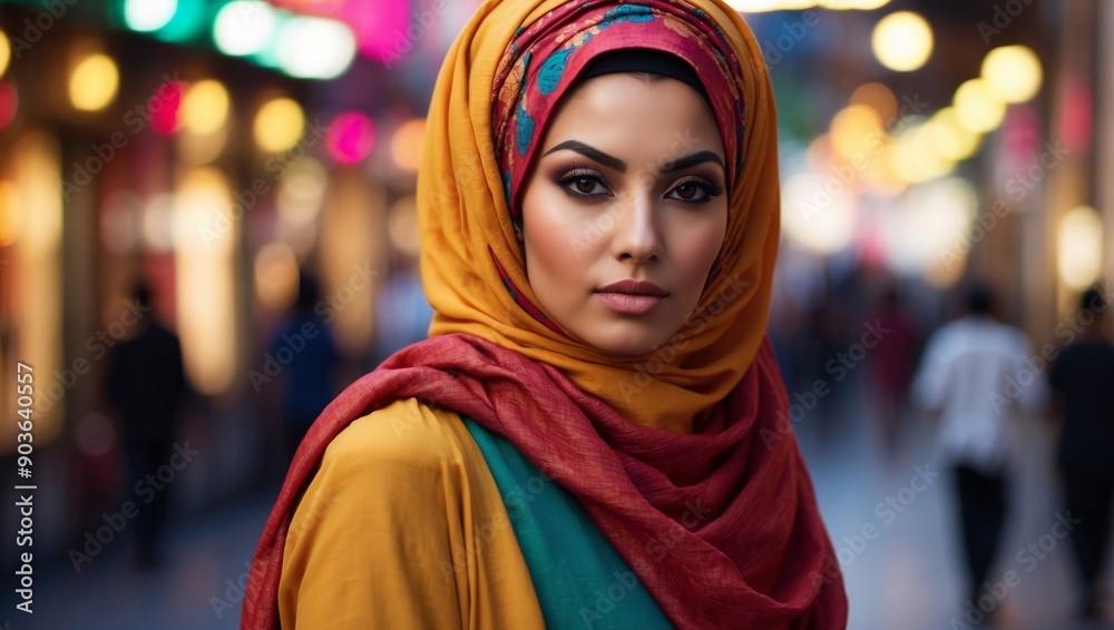 Dynamic shoot stylish muslim woman in colorful hijab for trendy arab women on wide banner. Dynamic shoot stylish muslim woman in colorful hijab for trendy arab women on wide banner.