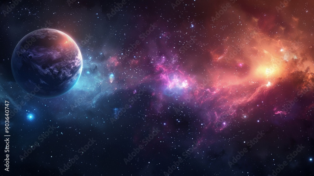 Naklejka premium Interstellar Odyssey - sweeping view of distant planets and stars in majestic space landscape.