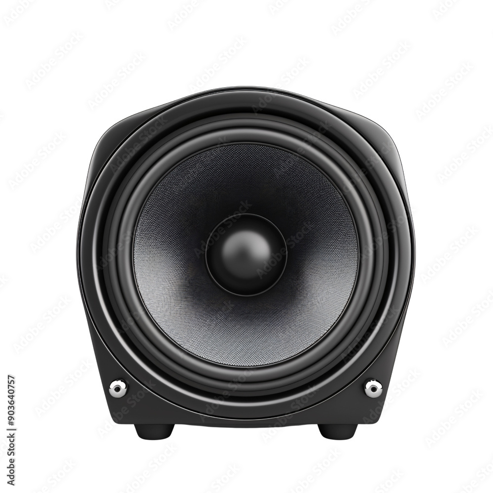 A close-up shot of a black speaker, showcasing its large speaker driver. The speaker is isolated against a black background. A close-up shot of a black speaker, showcasing its large speaker driver. The speaker is isolated against a black background.