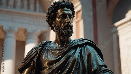 Ancient Roman Emperor Marcus Aurelius bronze statue, representing stoic philosophy and the concept of meditations as depicted in his literary work. AI generated.