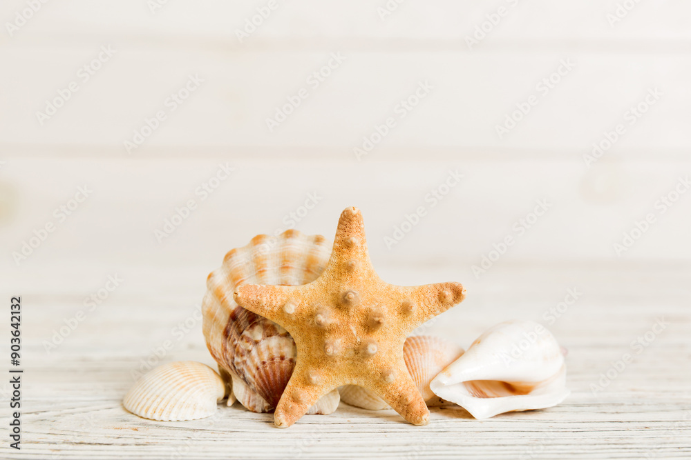 Summer time concept with sea shells or starfish on a table background with copy space for text Summer time concept with sea shells or starfish on a table background with copy space for text