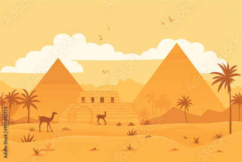 Ancient desert pyramids with camels