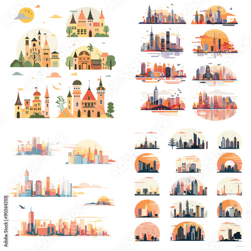 A collection of cityscape illustrations with a variety of buildings