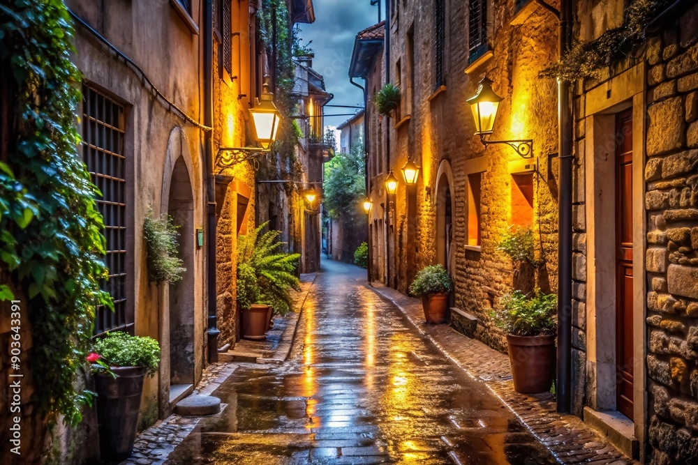 A charming and detailed photo of a narrow alleyway in an old town, glistening with rain and softly illuminated by streetlights. A charming and detailed photo of a narrow alleyway in an old town, glistening with rain and softly illuminated by streetlights.