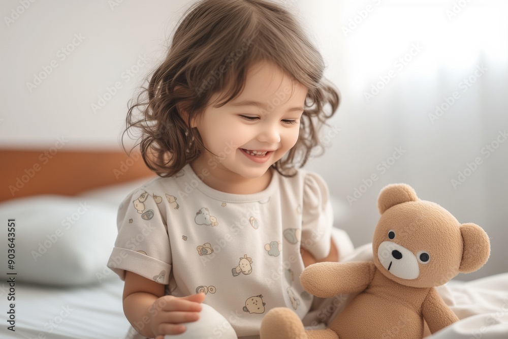 little girl sitting on the bed playing with a stuffed toy little girl sitting on the bed playing with a stuffed toy