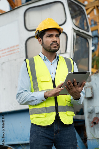 Canvas Print Asia India engineer worker use tablet computer working with crane spare part bac