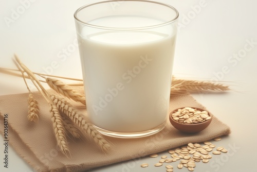 glass milk with oats on soft brown and white background