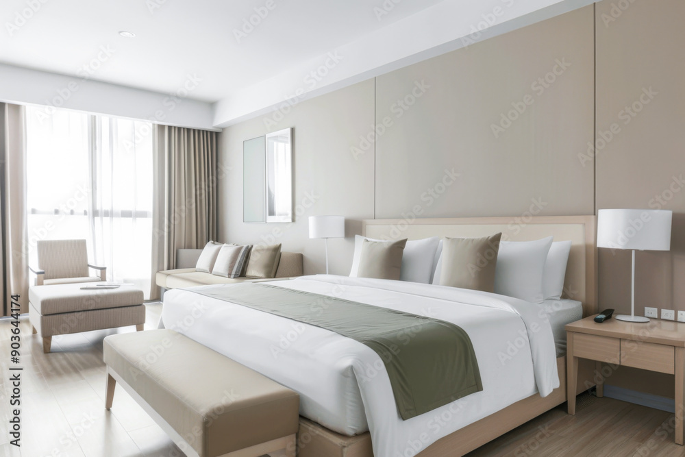 Fototapeta premium Elegant hotel room with stylish furniture, natural colors and neutral lighting. Hotel interiors decor composition.