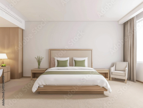 Elegant hotel room with stylish furniture, natural colors and neutral lighting. Hotel interiors decor composition.