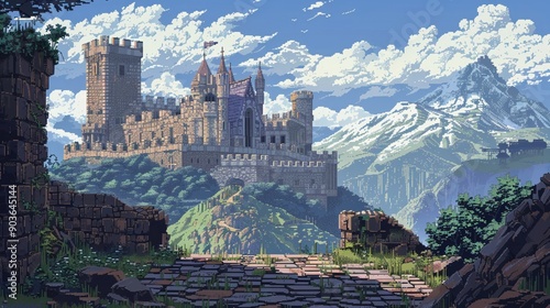 Pixel art medieval fortress, stone walls, historical grandeur