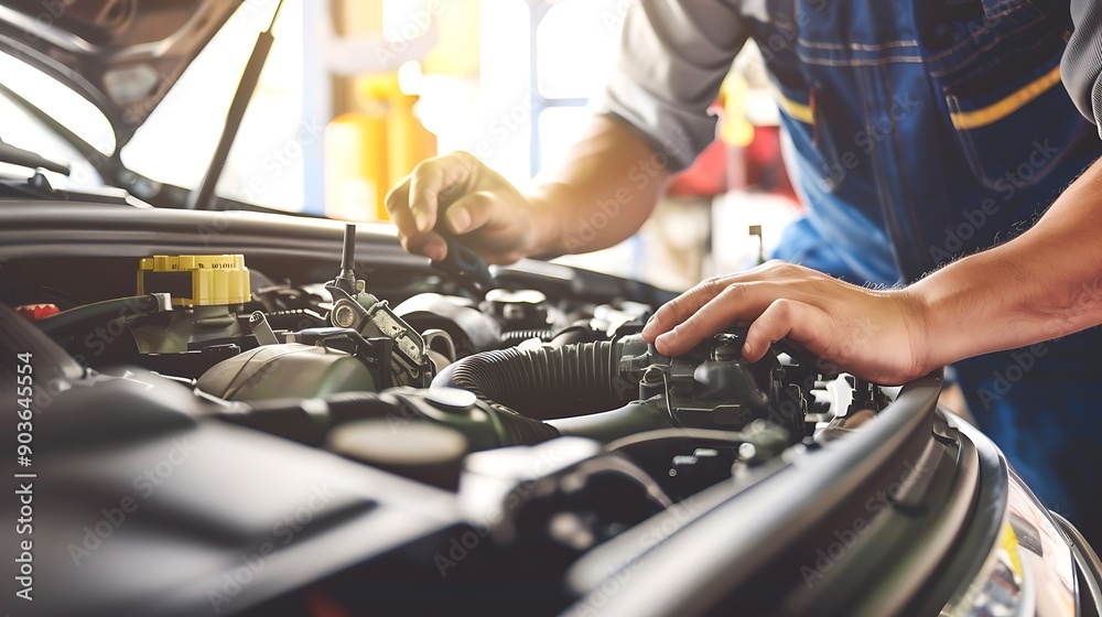 Mechanic inspects the engine of a car. The mechanic's hands are visible, along with the car engine, hood, and tools. Mechanic inspects the engine of a car. The mechanic's hands are visible, along with the car engine, hood, and tools.