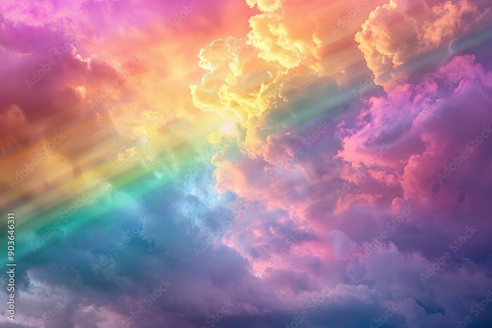 Generative ai on theme of beautiful tranquil landscape with magical bright rainbow at cloudy sky