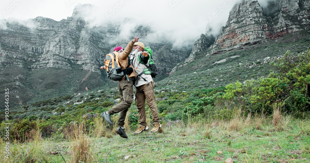 Victory, hug or friends hiking on mountain in outdoor adventure celebration in nature travel. Success, winning or excited black people jump on trail for chest bump, achievement or trekking to explore Victory, hug or friends hiking on mountain in outdoor adventure celebration in nature travel. Success, winning or excited black people jump on trail for chest bump, achievement or trekking to explore