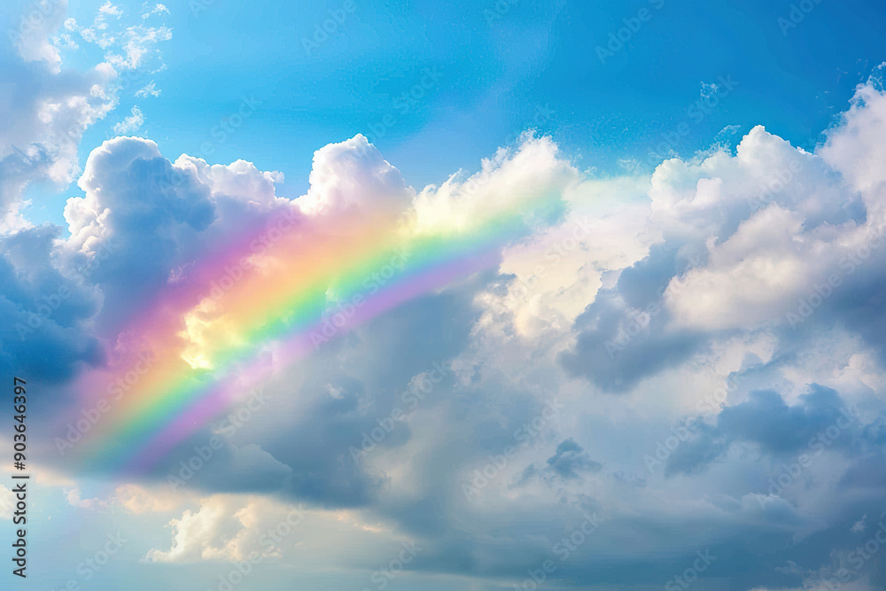 Generative ai on theme of beautiful tranquil landscape with magical bright rainbow at cloudy sky Generative ai on theme of beautiful tranquil landscape with magical bright rainbow at cloudy sky