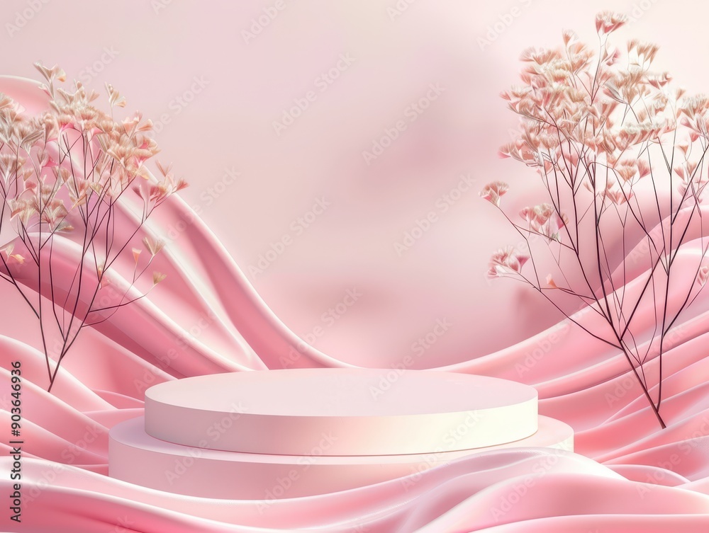 Pink podium with smooth, flowing lines, surrounded by natural elements, abstract and contemporary