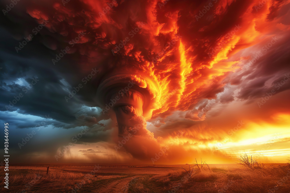 Generative ai on theme of scary huge hurricane fire tornado, apocalyptic dramatic background Generative ai on theme of scary huge hurricane fire tornado, apocalyptic dramatic background