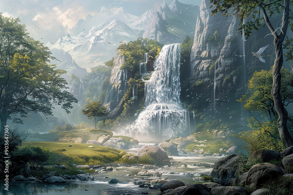 Generative ai on theme of beautiful majestic waterfall in natural nature, national park attraction Generative ai on theme of beautiful majestic waterfall in natural nature, national park attraction