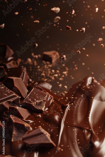 Delicious dark chocolate chunks flying through the air over melted chocolate surface
