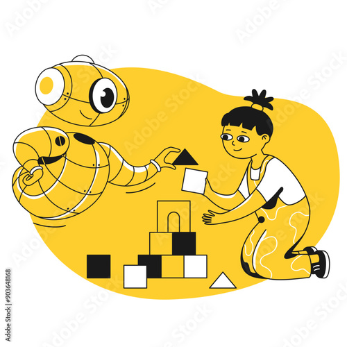 Robot nanny playing cubes with a kid