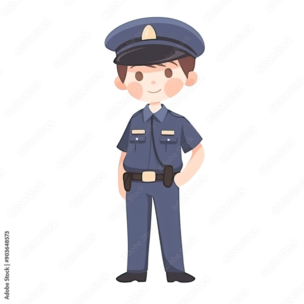 An illustration of a boy police officer with one hand in his pocket, looking at the camera An illustration of a boy police officer with one hand in his pocket, looking at the camera