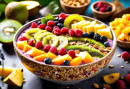 vibrant colorful smoothie bowls showcasing array fresh toppings bright eye catching presentation, fruit, banana, berry, kiwi, granola, chia, seeds, nuts