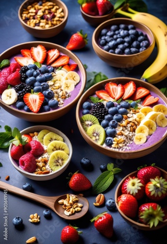 colorful refreshing lush smoothie bowls topped vibrant fresh ingredients like nuts healthy delight, fruit, berry, banana, topping, chia, seed, almond, coconut © Yaroslava