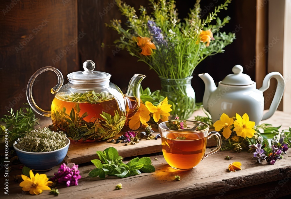 vibrant herbal tea display fresh ingredients featuring lively colorful invigorating blossoms refreshing beverage experience, greens, mint, chamomile, basil